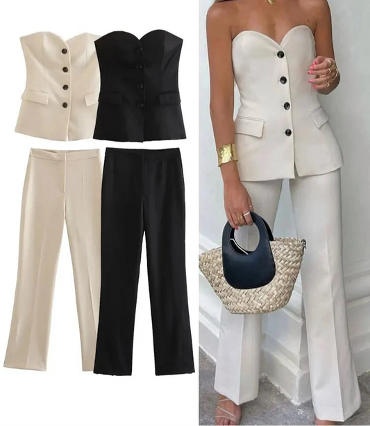 Luna Strapless Pant Suit Set | Slim Fit Streetwear Co-Ord with Side Slit Trousers