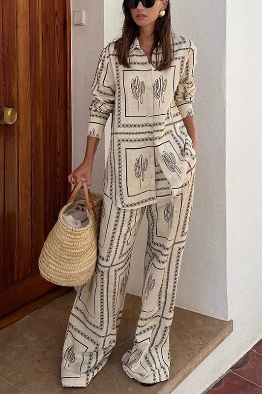 Elara Printed Lounge Set | Lapel Shirt & Wide-Leg Pants