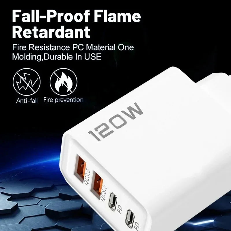 120W 4-Port USB C Fast Charger | PD & QC3.0 Wall Plug