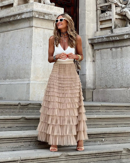 Layla Ruffle Mesh Maxi Skirt | Boho High-Waist Tulle